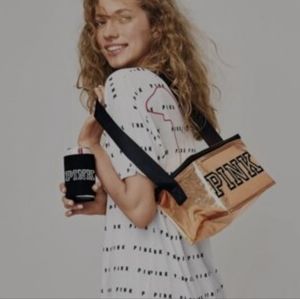 VICTORIAS SECRET PINK metallic gold logo lunchbox cooler